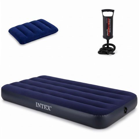 Одноместный надувной матрас Intex 64756 в комплекте ручной насос и подушка велюровый 76x191x25 см Dura-Beam до 136 кг синий id_29334 фото