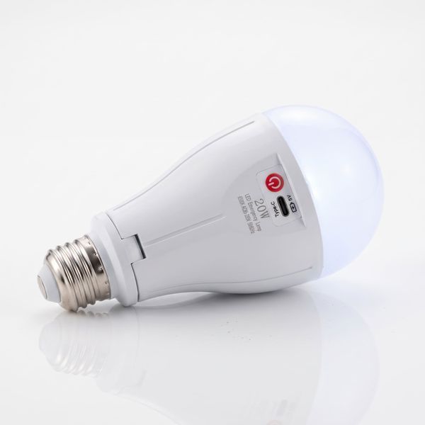 Аккумуляторная LED лампочка 20 Вт E27 с зарядкой через Type-C, аварийная лампа от usb со съемными аккумуляторами 18650 и крючком для подвешивания id_37721 фото
