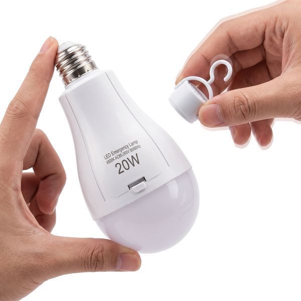 Акумуляторна LED лампочка 20W E27 аварійна лампа зі знімними акумуляторами 18650 та підвісним ковпачком-гачком 2472511813 фото
