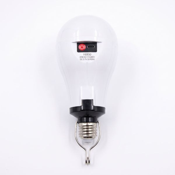 Аккумуляторная LED лампочка 30 Вт E27 с зарядкой через Type-C аварийная лампа от usb со съемными 3 аккумуляторами 18650 и крючком для подвешивания id_47129 фото