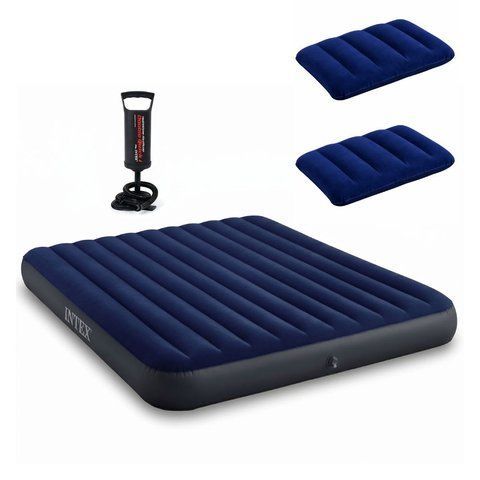 Надувной матрас Intex 64755 двухместный King Size 183х203х25 см велюровый синий с ручным насосом и 2 подушками нагрузка до 273 кг id_29574 фото
