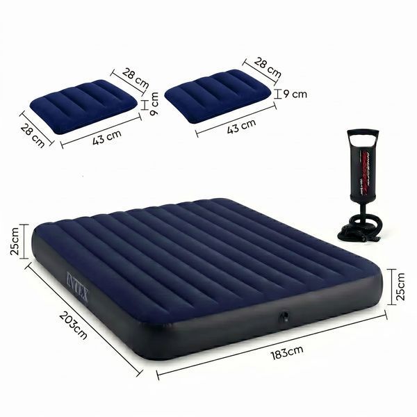 Надувний матрац Intex 64755 двомісний King Size 183х203х25 см велюровий синій з ручним насосом та 2 подушками навантаження до 273 кг id_29574 фото