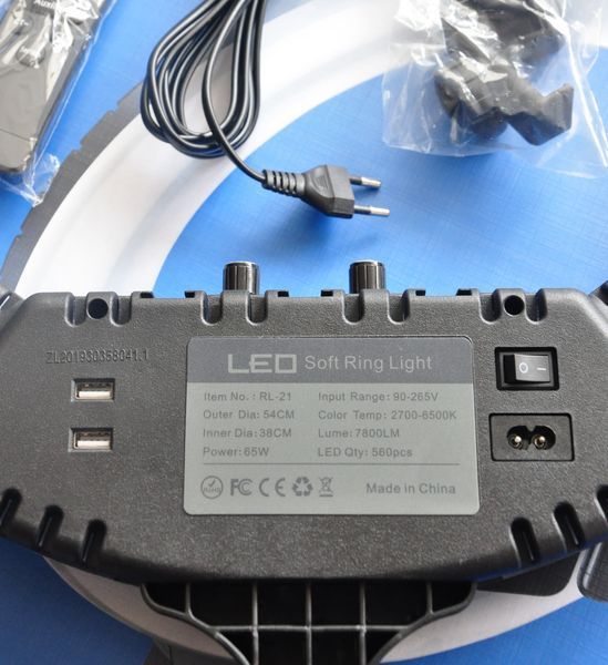 Професійна кільцева LED лампа RL-21 із посиленим штативом 54см для візажистів, блогерів та селфі, 65Вт, сумка, пульт, 3 тримачі 2472511832 фото