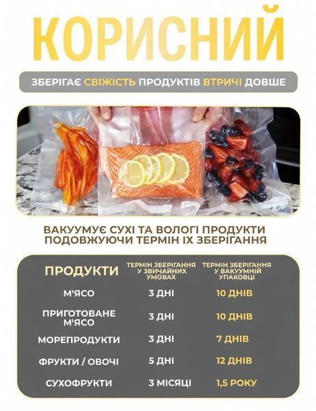 Вакууматор для продуктів Vacuum Sealer 120 Вт з різаком рулон 5м 20 см та 10 пакетів Сріблястий id_28019 фото